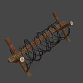 Wooden Crossed Defensive Weapon Structure With Barbed Wire Military Obstacle