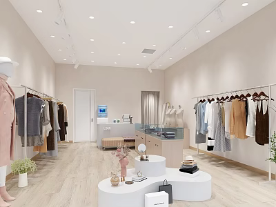 Modern Clothing Store Interior With Hanging Garments Mannequin And Display Platforms 3d model
