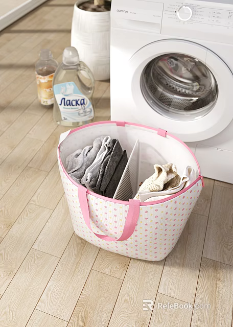 Laundry Storage Basket With Clothes Near Washing Machine And Detergent 3d model 
