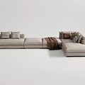 Modern Light Gray Sectional Sofa with Multiple Throw Pillows and Brown Blanket 3d model