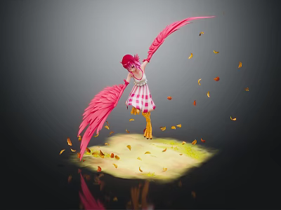Pink Haired Character With Large Pink Wings Standing On Yellow Ground With Falling Yellow Leaves 3d model