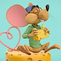 Cartoon Mouse Wearing Blue Eye Mask Green Shirt Holding Cheese On Yellow Cheese With Heart