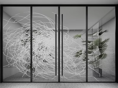 Modern Glass Door With White Abstract Line Pattern And Green Plant Decor 3d model