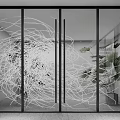 Modern Glass Door With White Abstract Line Pattern And Green Plant Decor