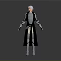 Woman With Silver Gray Hair In Black And Blue Long Coat Standing In Gray Background