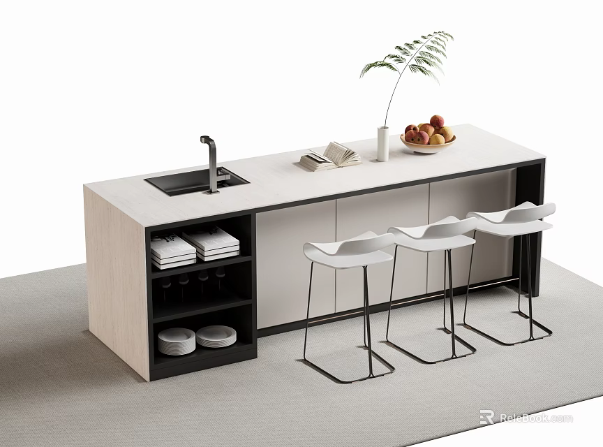Modern Bar Counter With Light Countertop Bar Stools Faucet Potted Plant And Fruits 3d model 