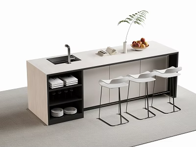 Modern Bar Counter With Light Countertop Bar Stools Faucet Potted Plant And Fruits 3d model