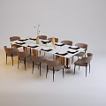 Modern Dining Table Set Featuring White Table Eight Brown Chairs And Decorative Vase 3d model