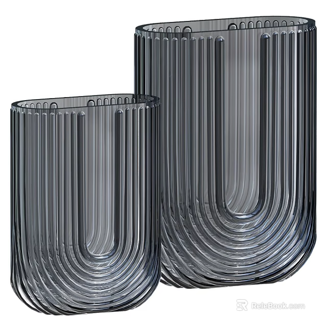 Gray Ceramic Vessels With Vertical Striped Texture And Modern Minimalist Design 3d model 