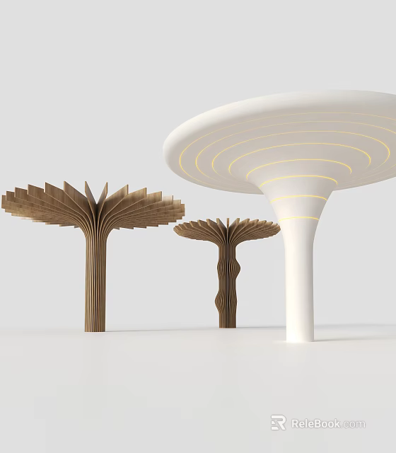Decorative Modern Columns Featuring Leaf Like Wooden Design And White Circular Light Tops 3d model 