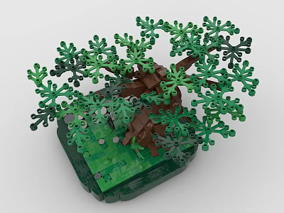 Building Blocks Crafted Tree With Green Leaves And Brown Trunk On Green Base 3d model