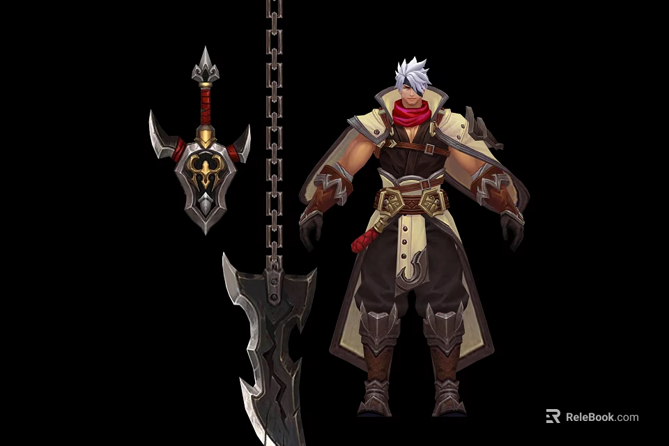 White Haired Warrior Character Wearing Red Scarf Armor Armed With Axe Shield And Chain 3d model