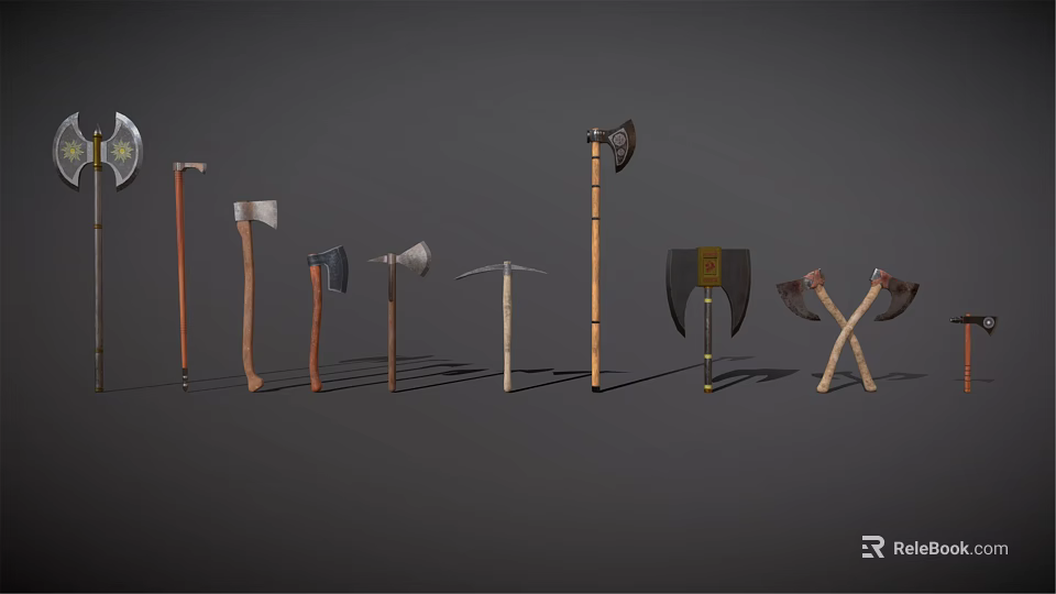 Various Types of Axes with Wooden Handles and Different Blade Designs 3d model 