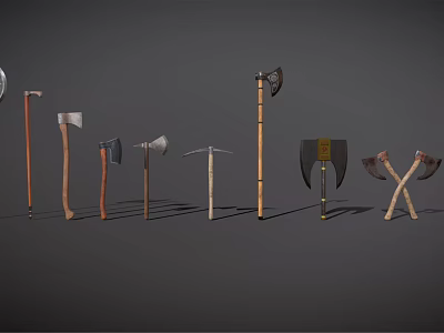 Various Types of Axes with Wooden Handles and Different Blade Designs 3d model