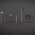Various Types of Axes with Wooden Handles and Different Blade Designs