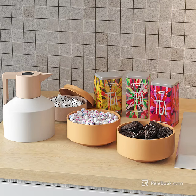 Beige Water Jug Colorful Tea Tins and Bowls with Candies Chocolate Bars on Kitchen Counter 3d model 