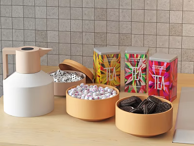 Beige Water Jug Colorful Tea Tins and Bowls with Candies Chocolate Bars on Kitchen Counter 3d model
