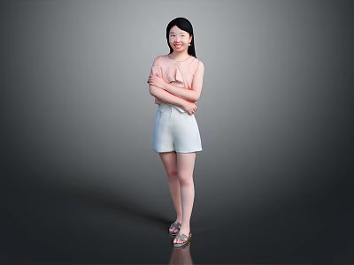Woman Standing With Arms Crossed In Pink Top White Shorts And Sandals Against Gray Background 3d model