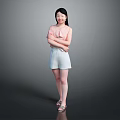 Woman Standing With Arms Crossed In Pink Top White Shorts And Sandals Against Gray Background 3d model