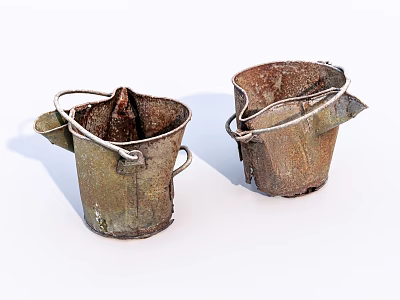 Rusted Industrial Equipment Metal Buckets With Handles And Vintage Design 3d model