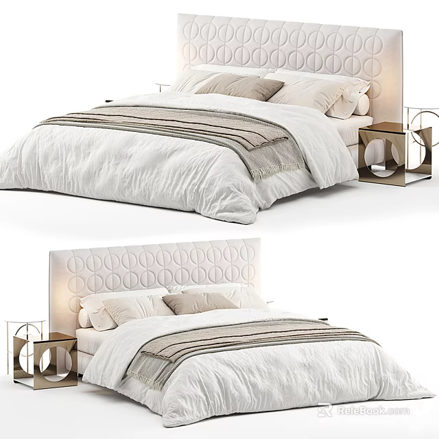 Elegant Double Bed With Circular Headboard And White Bedding Striped Blanket 3d model