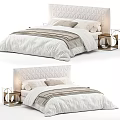 Elegant Double Bed With Circular Headboard And White Bedding Striped Blanket 3d model
