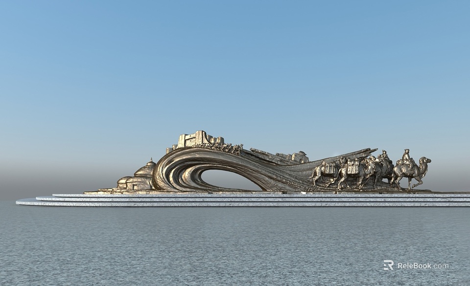 Grand Wavy Landscape Sculpture With Horseback Figures And Curved Structure By Water Surface 3d model 