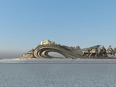 Grand Wavy Landscape Sculpture With Horseback Figures And Curved Structure By Water Surface 3d model