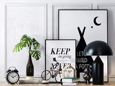 Decorative Ornament Combination With Alarm Clock Green Plant Bicycle Lamp And Wall Art 3d model