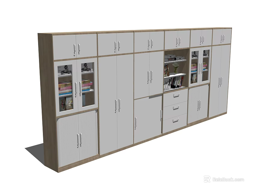 Modern Combination Bookcase With White Cabinets Wooden Frame And Open Compartments 3d model 