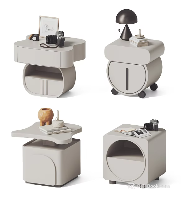 Modern Minimalist Bedside Tables With Storage Drawers Wheels And Decorative Items 3d model 