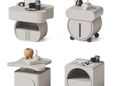 Modern Minimalist Bedside Tables With Storage Drawers Wheels And Decorative Items 3d model