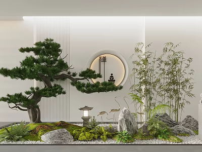 Zen Courtyard Garden Design With Pine Tree Bamboo Rocks Stone Lantern And Greenery 3d model