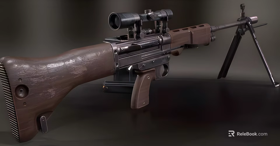 Vintage Bolt Action Rifle With Wooden Stock Scope And Bipod Stand 3d model 