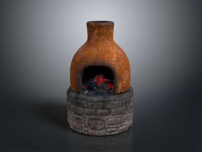 Traditional Clay Stove With Stone Base Structure And Burning Charcoal Inside 3d model