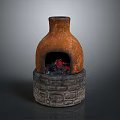 Traditional Clay Stove With Stone Base Structure And Burning Charcoal Inside