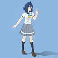 Woman with Blue Hair and Blue Eyes Making Peace Sign Wearing White Shirt Gray Skirt