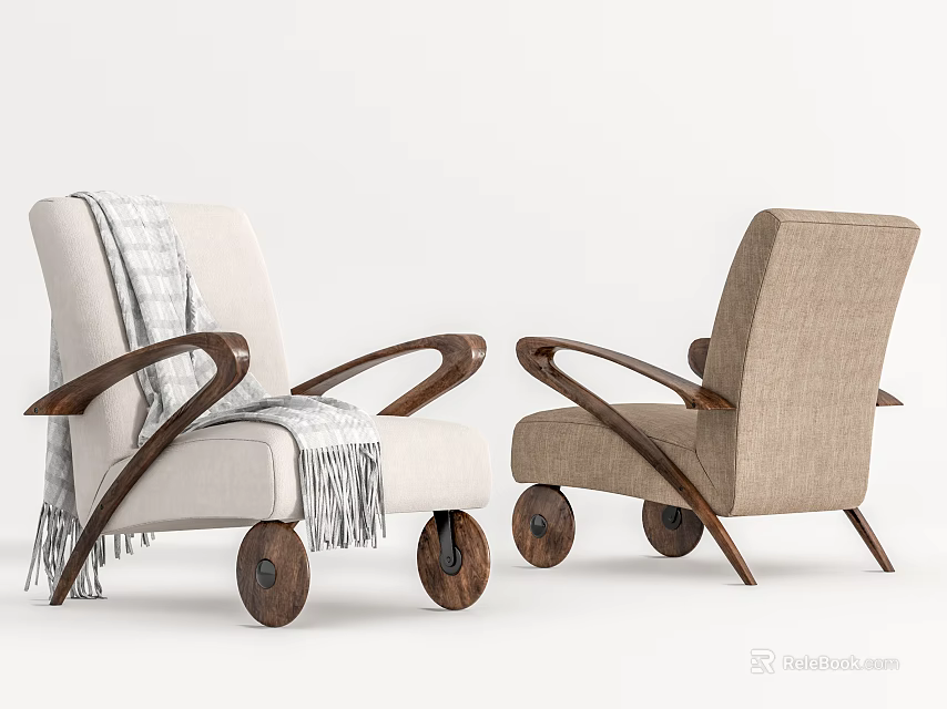 Elegant Modern Armchair Featuring Wooden Armrests Wheels Light Beige Fabric And Throw Blanket 3d model 