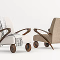 Elegant Modern Armchair Featuring Wooden Armrests Wheels Light Beige Fabric And Throw Blanket