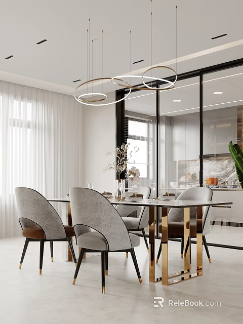 Modern Restaurant Interior With Glass Dining Table Gray Chairs Hanging Ring Lights And Decorative Plants 3d model 
