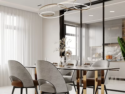 Modern Restaurant Interior With Glass Dining Table Gray Chairs Hanging Ring Lights And Decorative Plants 3d model