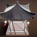 Traditional Chinese Pavilion Featuring Curved Black Roof Hanging Red Lanterns And Stone Base