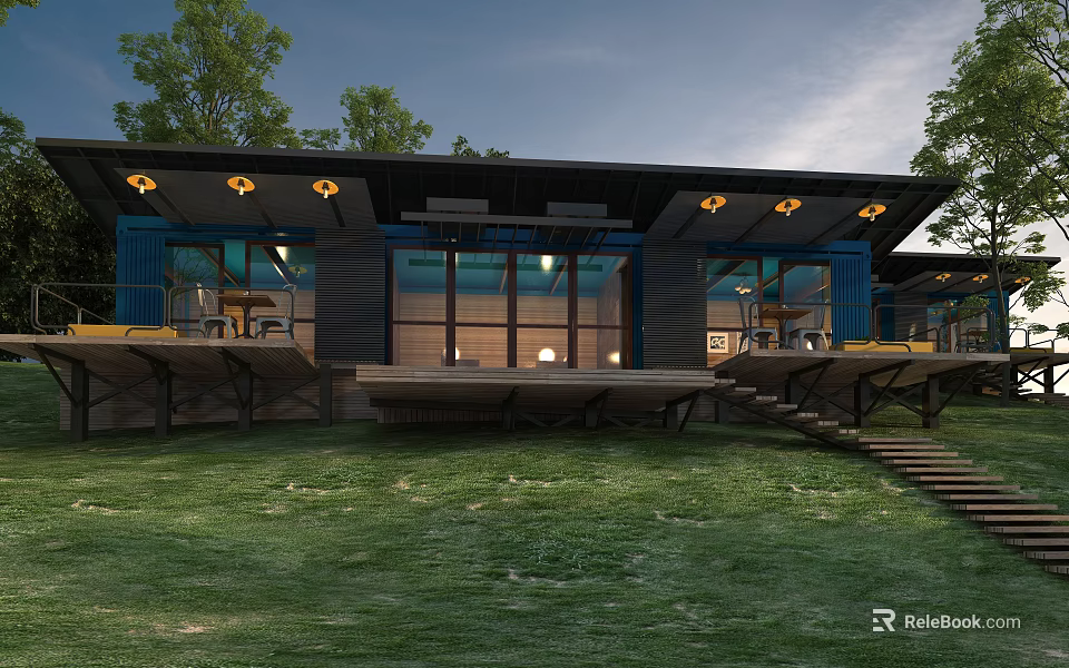 Modern Container Guesthouse With Large Windows Wooden Deck And Green Lawn 3d model 