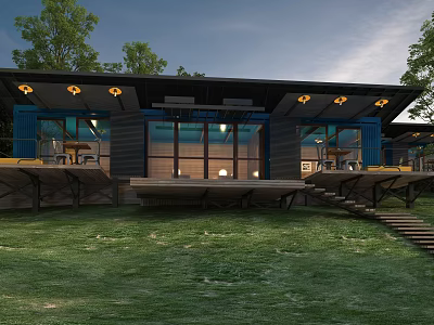 Modern Container Guesthouse With Large Windows Wooden Deck And Green Lawn 3d model