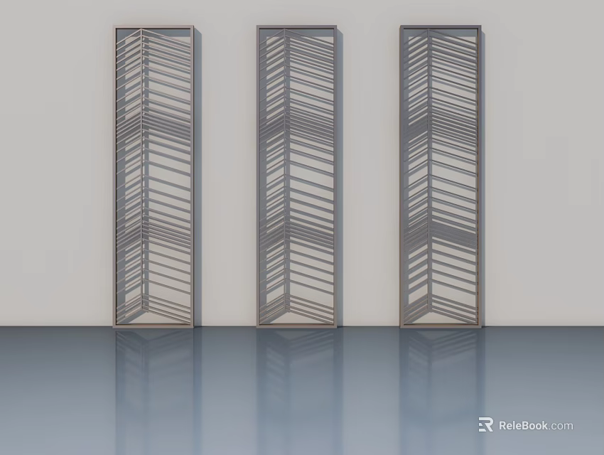 Modern Swing Doors With Herringbone Pattern Design Against Light Wall And Glossy Floor 3d model 
