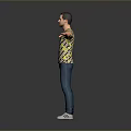Standing Man With Arms Outstretched In Striped T Shirt Blue Jeans White Sneakers Gray Background