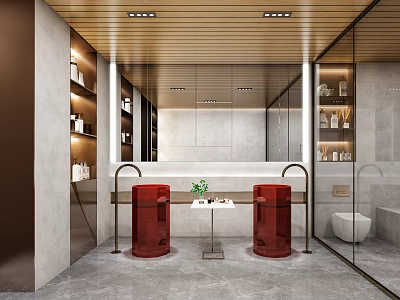 Modern Bathroom Interior With Double Red Vanity Wooden Ceiling Large Mirror And Marble Countertop 3d model