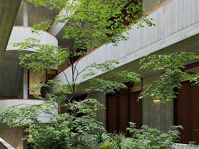 Modern Architectural Courtyard With Concrete Structures Lush Trees And Wooden Elements 3d model