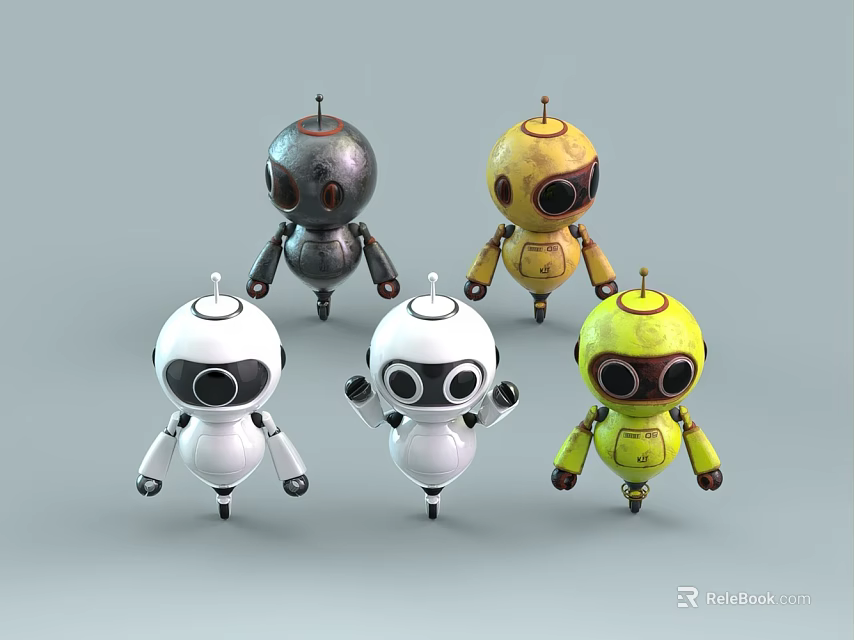 Five Smart Robots With Various Colors And Cute Designs On Gray Background 3d model 