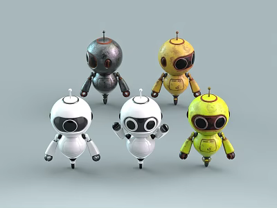 Five Smart Robots With Various Colors And Cute Designs On Gray Background 3d model